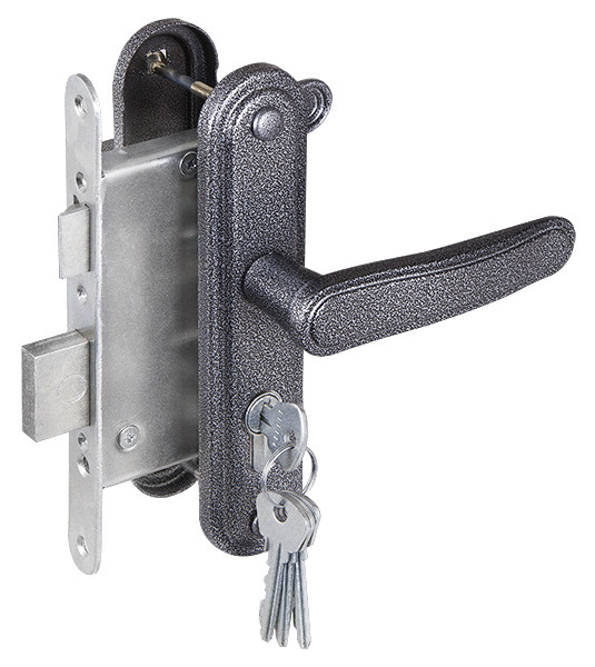 Замок Zenit (Зенит) врезной цилиндровый с защёлкой в комплекте с ручкой ЗВ4-3.03 (серебро), 4 кл.