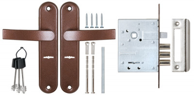 Замок Sam (Сам) врезной сувальдный с защёлкой в комплекте с ручкой ЗВ9-8/13 (медный антик), 3 кл. /84301/