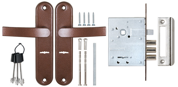 Замок Sam (Сам) врезной сувальдный с защёлкой в комплекте с ручкой ЗВ9-8/13 (медный антик), 3 кл. /84301/