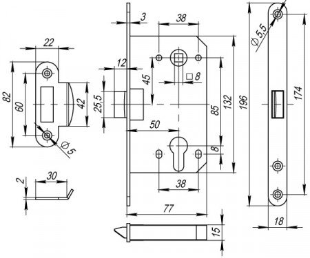 Корпус Fuaro (Фуаро) врезного замка c защёлкой PLASTP85C-50 (P85C-50) GR графит