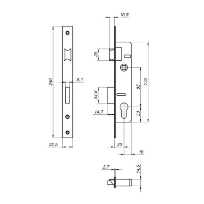 Корпус Fuaro (Фуаро) узкопрофильного замка с защелкой PROF153-20/85 (153-20/85) CP хром