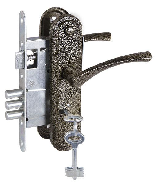 Замок Zenit (Зенит) врезной сувальдный с защёлкой в комплекте с ручкой ЗВ9-4-2 (бронза), 3кл.