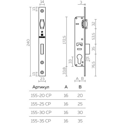 Корпус Fuaro (Фуаро) узкопрофильного замка с роликовой защелкой PROF155-30 (155-30) CP хром