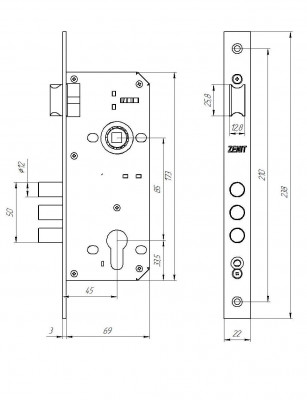 Замок Zenit (Зенит) врезной цилиндровый с защёлкой в комплекте с ручкой ЗВ4-85.3 (медь), 5 кл.