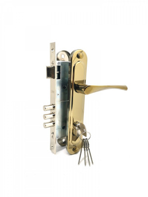 Замок Zenit (Зенит) врезной цилиндровый с защёлкой в комплекте с ручкой ЗВ4-85.3 (золото лак), 5 кл.