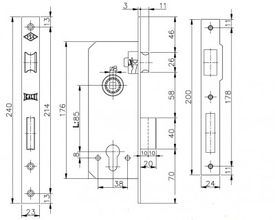 Корпус Kale kilit (Кале килит) врезного замка с защёлкой 152/R (35 mm) w/b (латунь)