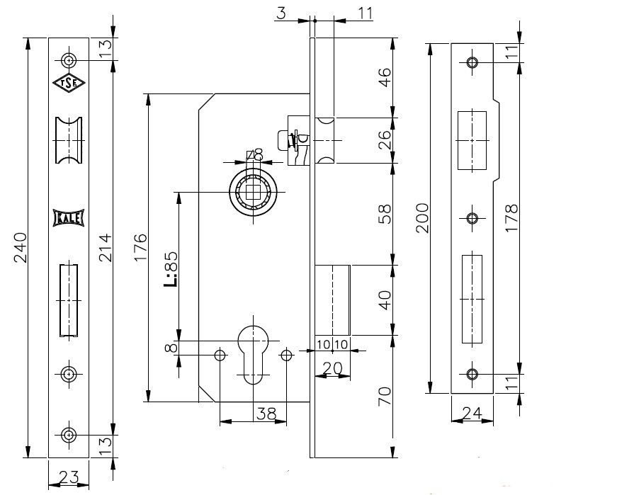 Корпус Kale kilit (Кале килит) врезного замка с защёлкой 152/R (35 mm) w/b (латунь)