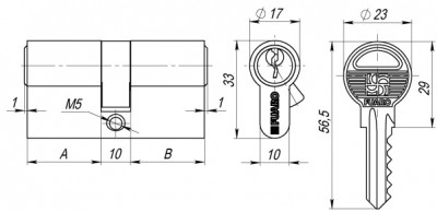 Цилиндровый Fuaro (Фуаро) механизм (100 ZA/70) 1000ZAKey70(30+10+30) PB латунь 5Key