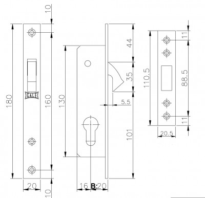 Замок Kale kilit (Кале килит) врезной цилиндровый узкопрофильный 201 (20 mm) (никель), 3 кл.