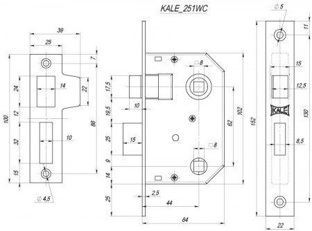 Защелка Kale kilit (Кале килит) врезная 251 WC (44 mm) (латунь), прав.