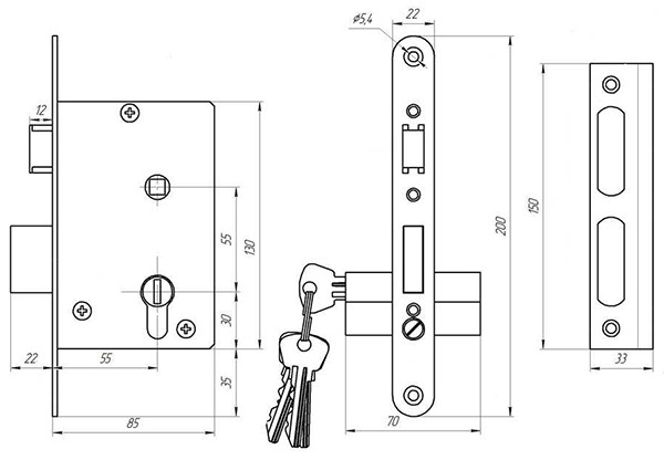 Замок Zenit (Зенит) врезной цилиндровый с защёлкой в комплекте с ручкой ЗВ4-3.01 (бронза), 4 кл.
