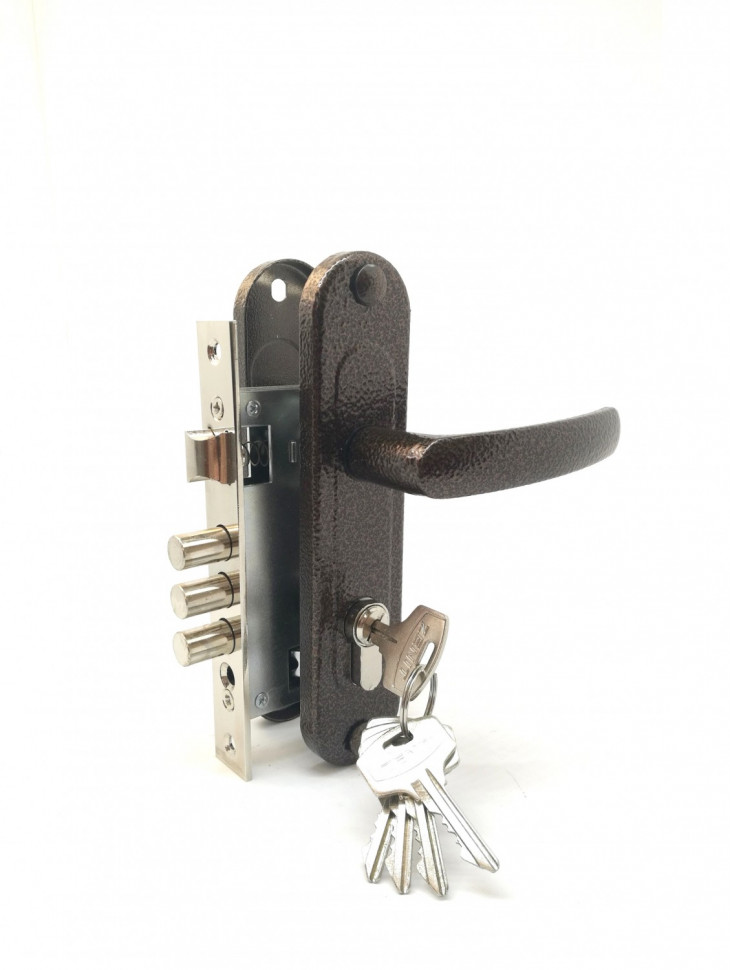 Замок Zenit (Зенит) врезной цилиндровый с защёлкой в комплекте с ручкой ЗВ7-60.1-02 (медь), 5 кл.