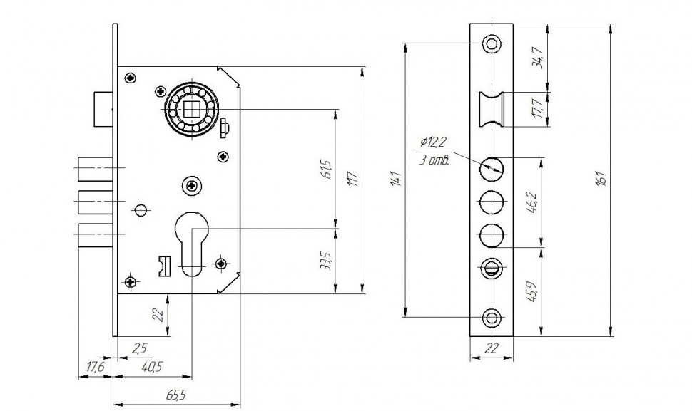 Замок Zenit (Зенит) врезной цилиндровый с защёлкой в комплекте с ручкой ЗВ7-60.1-02 (медь), 5 кл.