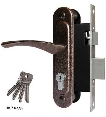 Замок Omega (Омега) врезной цилиндровый с защёлкой в комплекте с ручкой ЗВ7 (медь), 4 кл.