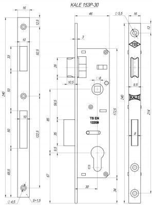 Корпус Kale kilit (Кале килит) узкопрофильного замка с защёлкой 153/P (30 mm) w/b (хром)