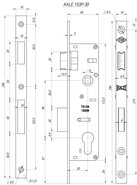 Корпус Kale kilit (Кале килит) узкопрофильного замка с защёлкой 153/P (30 mm) w/b (хром)