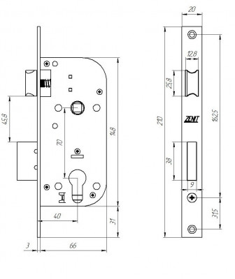 Замок Zenit (Зенит) врезной цилиндровый с защёлкой в комплекте с ручкой ЗВ7-70.4-02 (хром), 5 кл.