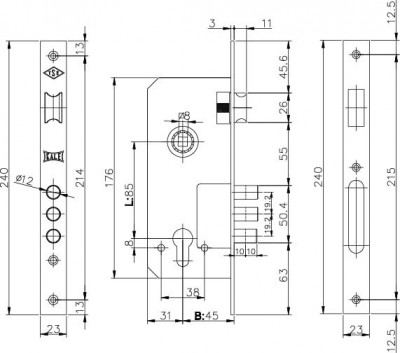Корпус Kale kilit (Кале килит) врезного замка с защёлкой 152/3MR (45 mm) w/b (латунь)