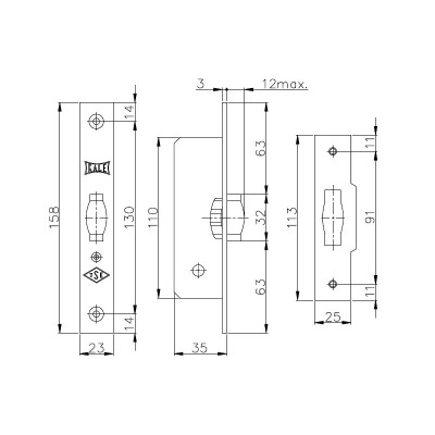 Защелка Kale kilit (Кале килит) врезная ролик 155/B (35 mm) (никель)