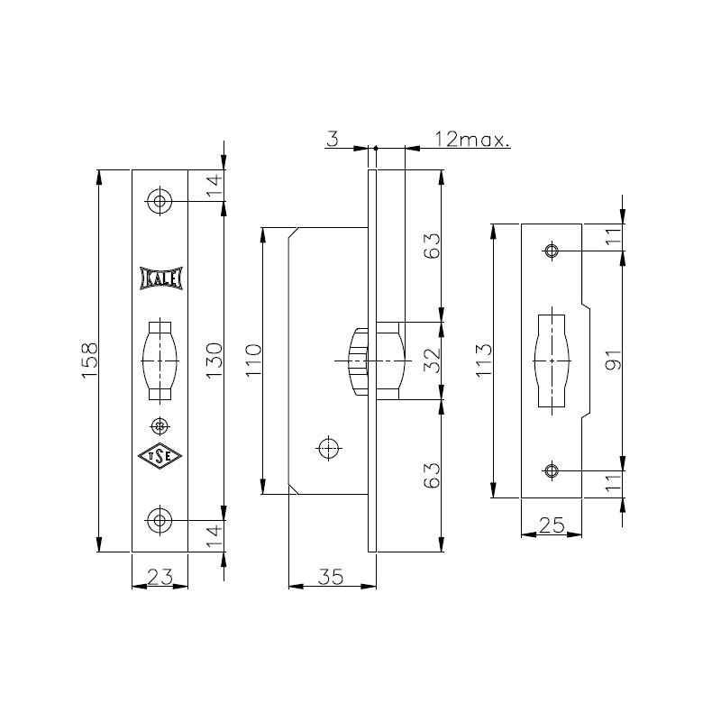 Защелка Kale kilit (Кале килит) врезная ролик 155/B (35 mm) (никель)