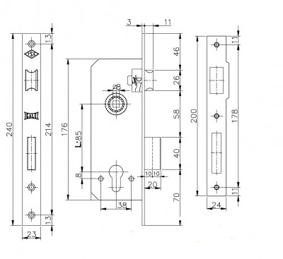 Корпус Kale kilit (Кале килит) врезного замка с защёлкой 152/R (60 mm) w/b (латунь)
