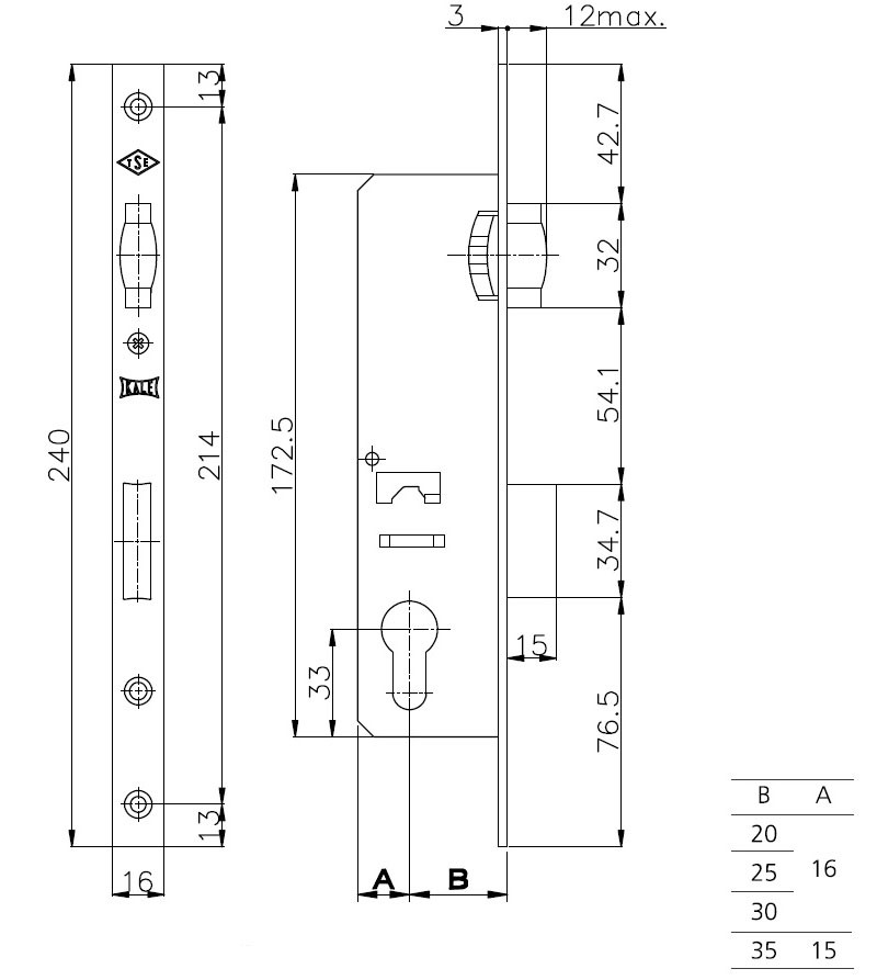 Корпус Kale kilit (Кале килит) узкопрофильного замка с роликовой защёлкой 155/P (35 mm) w/b (хром) (без отв. планки)