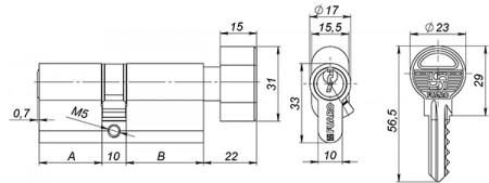 Цилиндровый Fuaro (Фуаро) механизм (100 ZM/60) 1000ZMKnob60(25+10+25) AB бронза 5Key с вертушкой