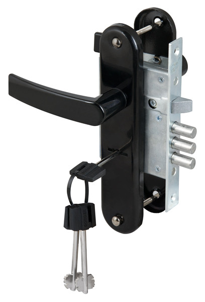 Замок Sam (Сам) врезной сувальдный с защёлкой в комплекте с ручкой ЗВ9-8/13 (черный муар), 3 кл. /76704/