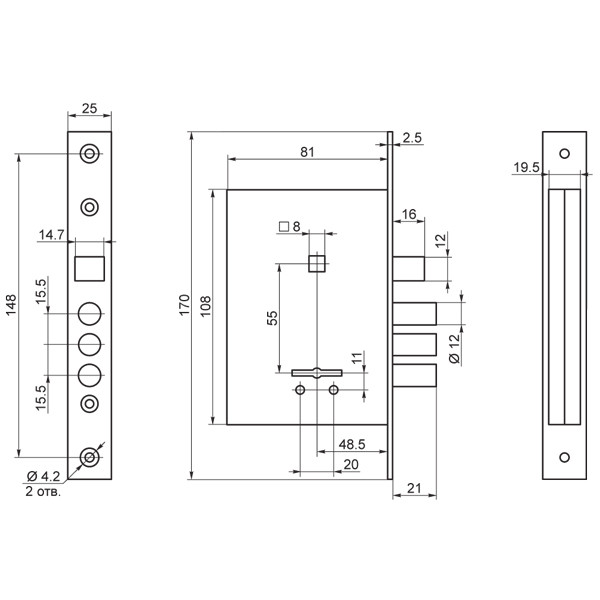 Замок Sam (Сам) врезной сувальдный с защёлкой в комплекте с ручкой ЗВ9-8/13 (черный муар), 3 кл. /76704/