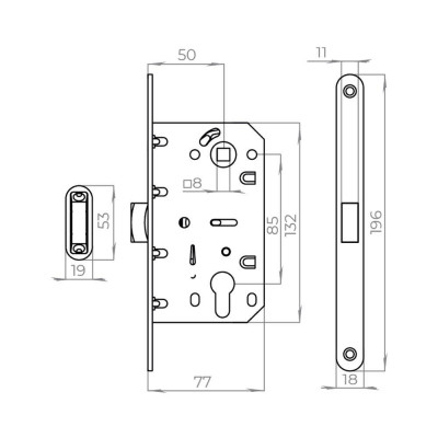 Корпус Ajax (Аякс) врезного замка с защелкой MAGNLN85-50 BL черный