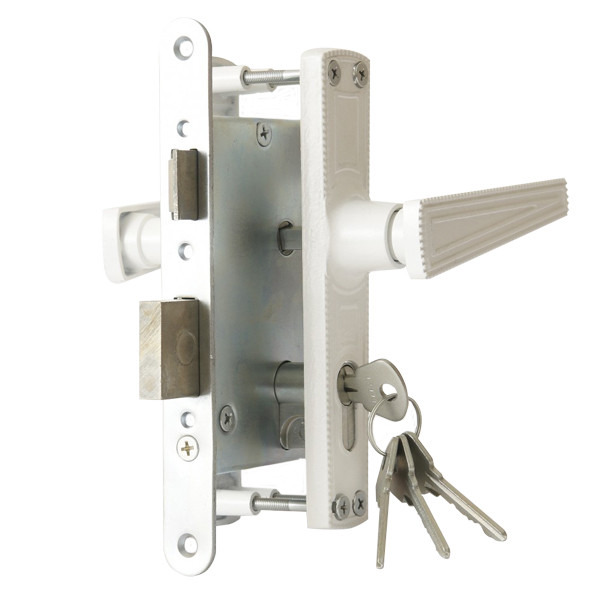 Замок Zenit (Зенит) врезной цилиндровый с защёлкой в комплекте с ручкой ЗВ4-3.01 (белый), 4 кл.