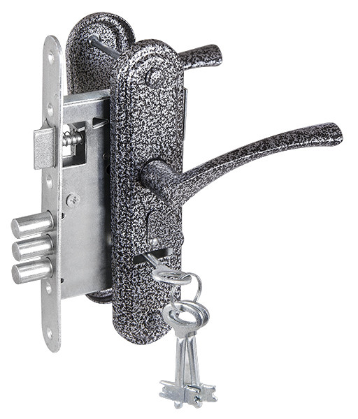 Замок Zenit (Зенит) врезной сувальдный с защёлкой в комплекте с ручкой ЗВ9-4-2 (серебро), 3кл.
