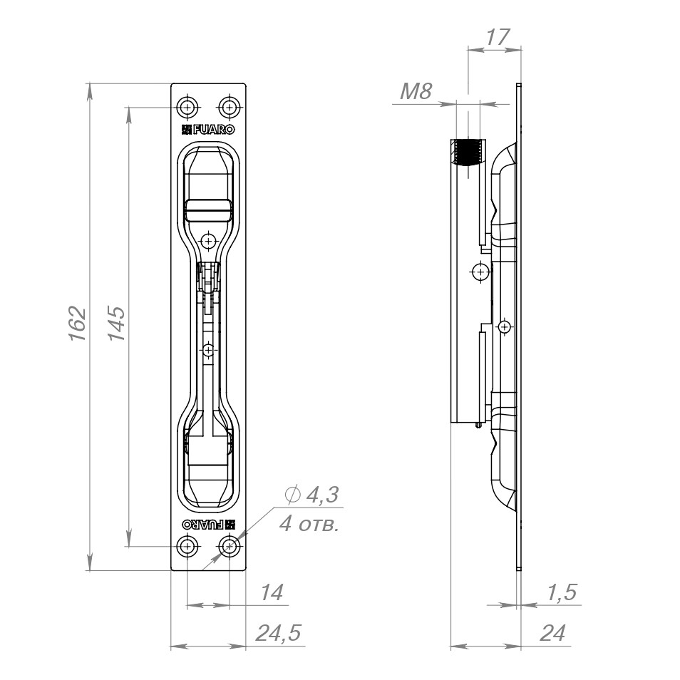 Задвижка Fuaro (Фуаро) торцевая RIGEL-body/160 (TDB 160-24) без ригеля в комплекте