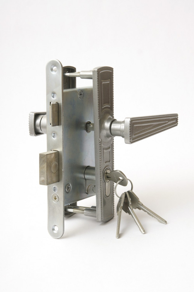 Замок Zenit (Зенит) врезной цилиндровый с защёлкой в комплекте с ручкой ЗВ4-3.01 (никель), 4 кл.