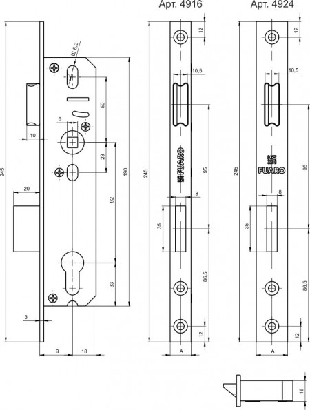 Корпус Fuaro (Фуаро) узкопрофильного замка с защелкой PROF4924-35/92 CP хром