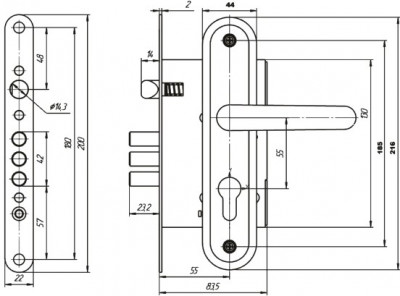 Корпус Zenit (Зенит) врезного замка с защелкой в комплекте с ручкой ЗВ4.009/17 (медь), 4 кл.