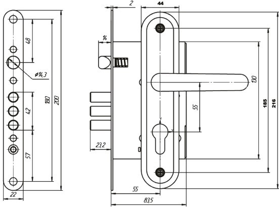 Корпус Zenit (Зенит) врезного замка с защелкой в комплекте с ручкой ЗВ4.009/17 (медь), 4 кл.