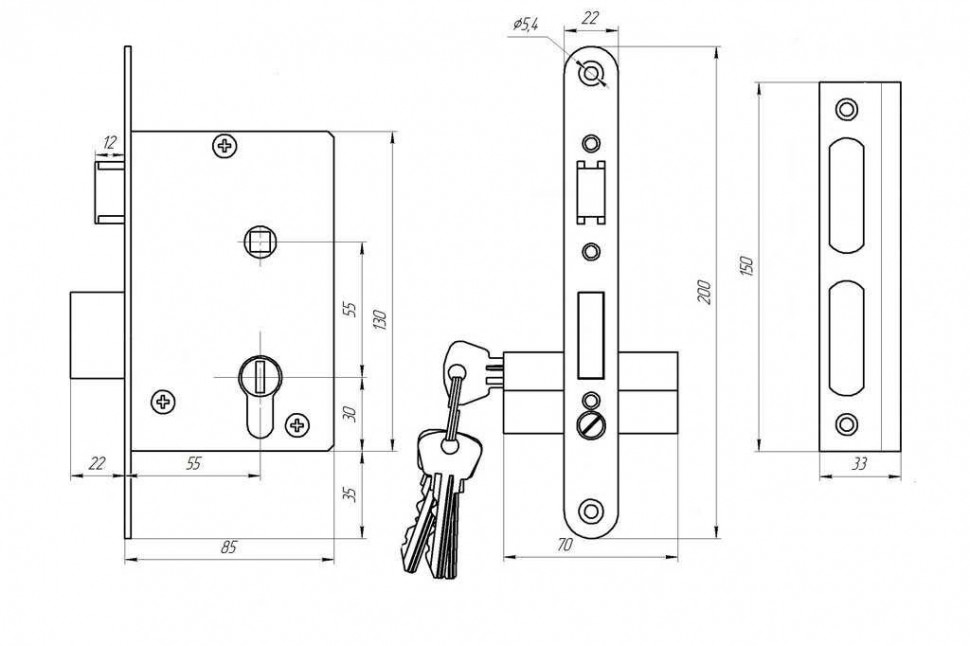 Замок Zenit (Зенит) врезной цилиндровый с защёлкой в комплекте с ручкой ЗВ4-3.07 (бронза), 4 кл.