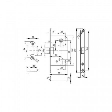 Корпус Fuaro (Фуаро) врезного замка c защёлкой PLASTP85C-50 (P85C-50) SSC сатинированный хром