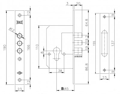 Корпус Kale kilit (Кале килит) врезного замка 189/3M (45 mm) w/b (латунь)