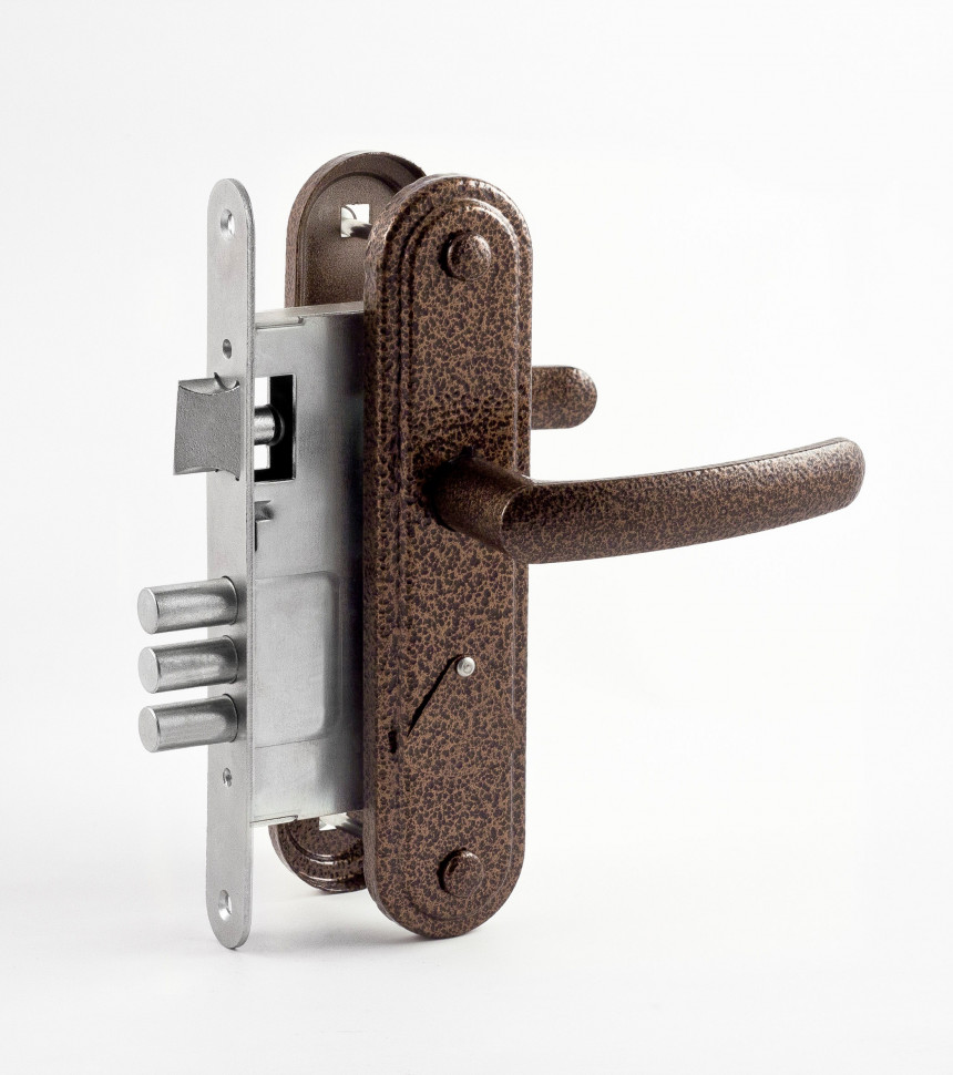 Замок Omega (Омега) врезной сувальдный с защёлкой в комплекте с ручкой ЗВ9.1-02 (бронза), 3 кл.