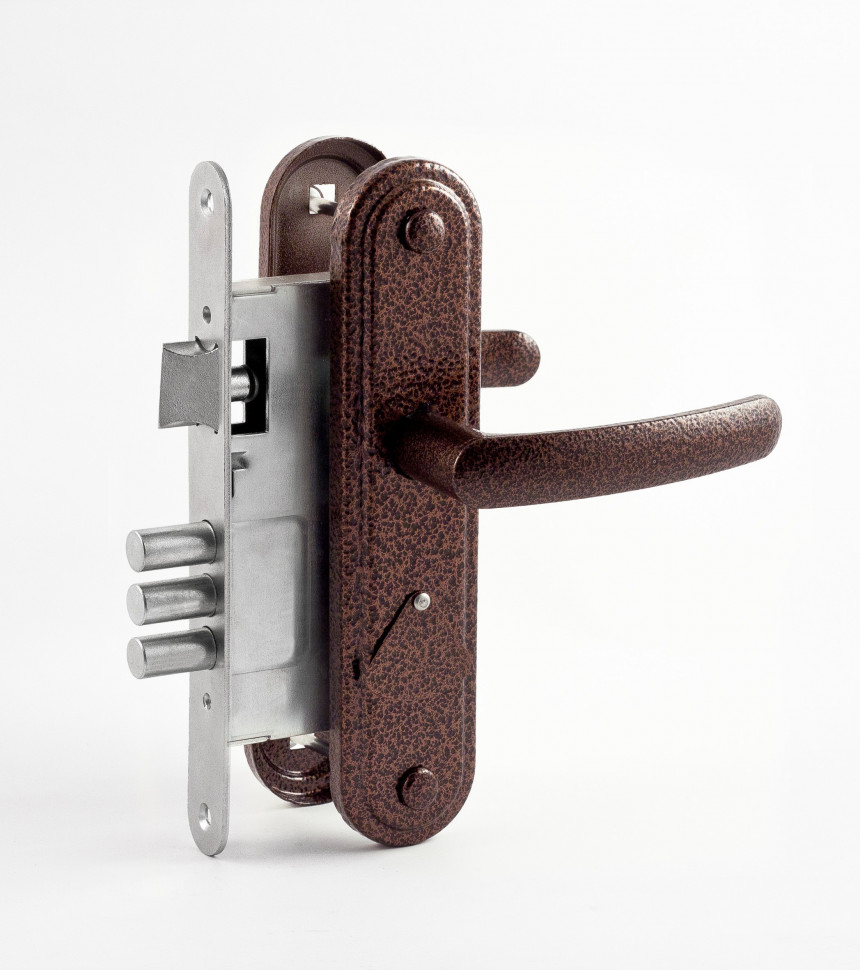 Замок Omega (Омега) врезной сувальдный с защёлкой в комплекте с ручкой ЗВ9.1-02 (медь), 3 кл.