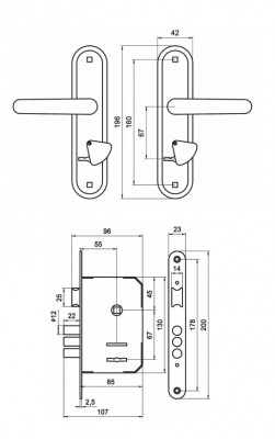 Замок Omega (Омега) врезной сувальдный с защёлкой в комплекте с ручкой ЗВ9.1-02 (медь), 3 кл.