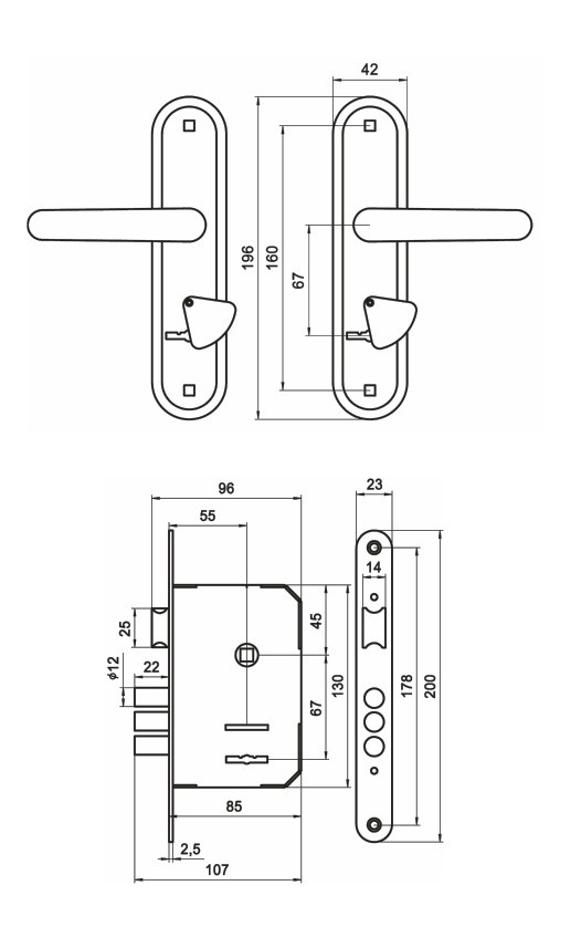 Замок Omega (Омега) врезной сувальдный с защёлкой в комплекте с ручкой ЗВ9.1-02 (медь), 3 кл.