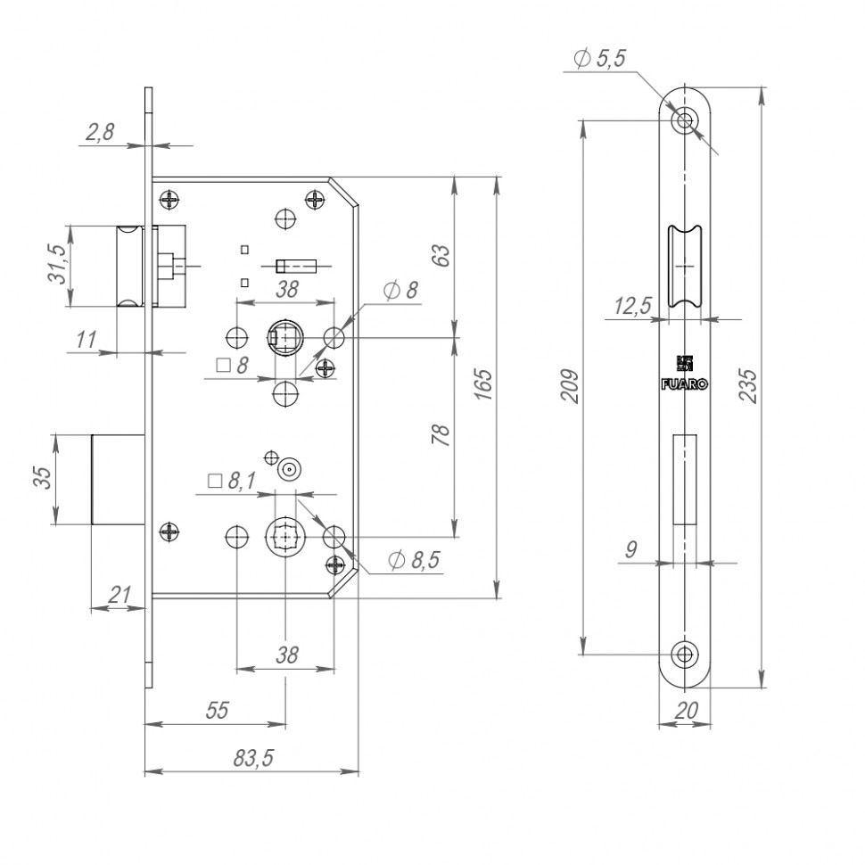 Замок Fuaro (Фуаро) врезной DD.INOX/WC-55.78