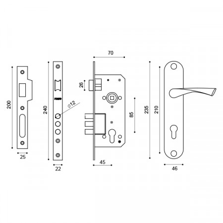 Замок Punto (Пунто) цилиндровый в комплекте с ручкой LOCKSET90.CRONA.4585-3 (KIT P90 4585/3 CRONA) SN мат.никель