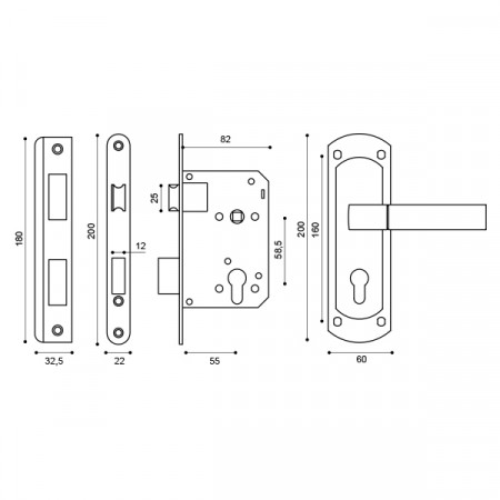 Корпус замка Punto (Пунто) с ручкой LOCKSET25.ORION.5558-1 (KIT P25 5558 ORION) SN/CP мат.никель/хром
