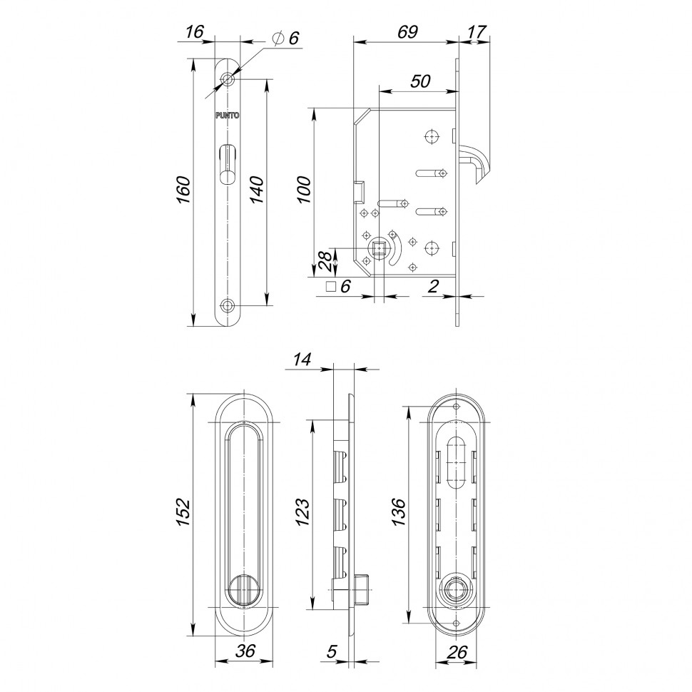 Защелка Punto (Пунто) с ручками для раздвижных дверей SH.SL152.KIT011-BK (Soft LINE SL-011) СP-8 хром