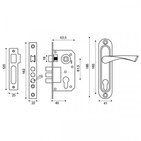 Замок Punto (Пунто) цилиндровый в комплекте с ручкой LOCKSET15.CRONA.4061-3 (KIT P15 4061/3 CRONA) AB бронза