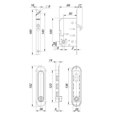 Защелка Punto (Пунто) с ручками для раздвижных дверей SH.SL152.KIT011-BK (Soft LINE SL-011) SN-3 матовый никель